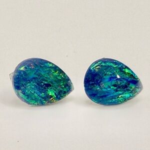 Iridescent Blue Opal-Look Stud Earrings | Blue Teardrop Studs